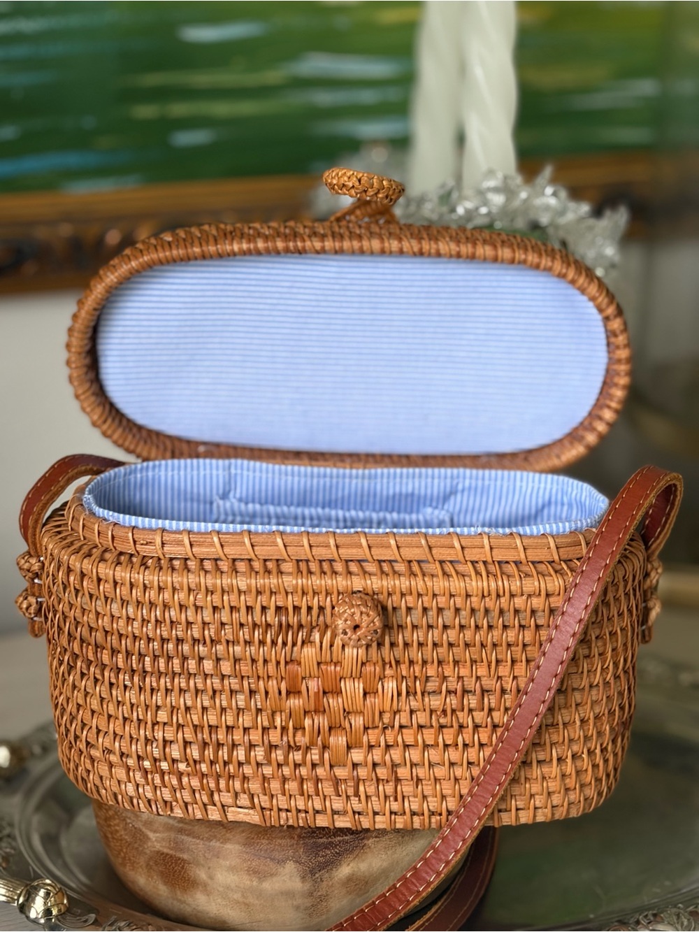 Woven Rattan Crossbody Bag in Natural Brown